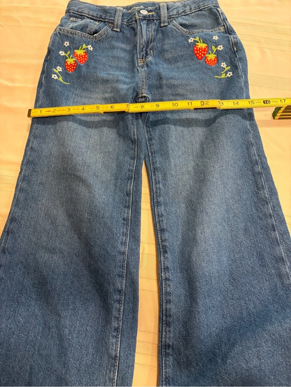 Girls 10 Old Navy Blue Wide-Leg Jeans with Strawberry Embroidery
